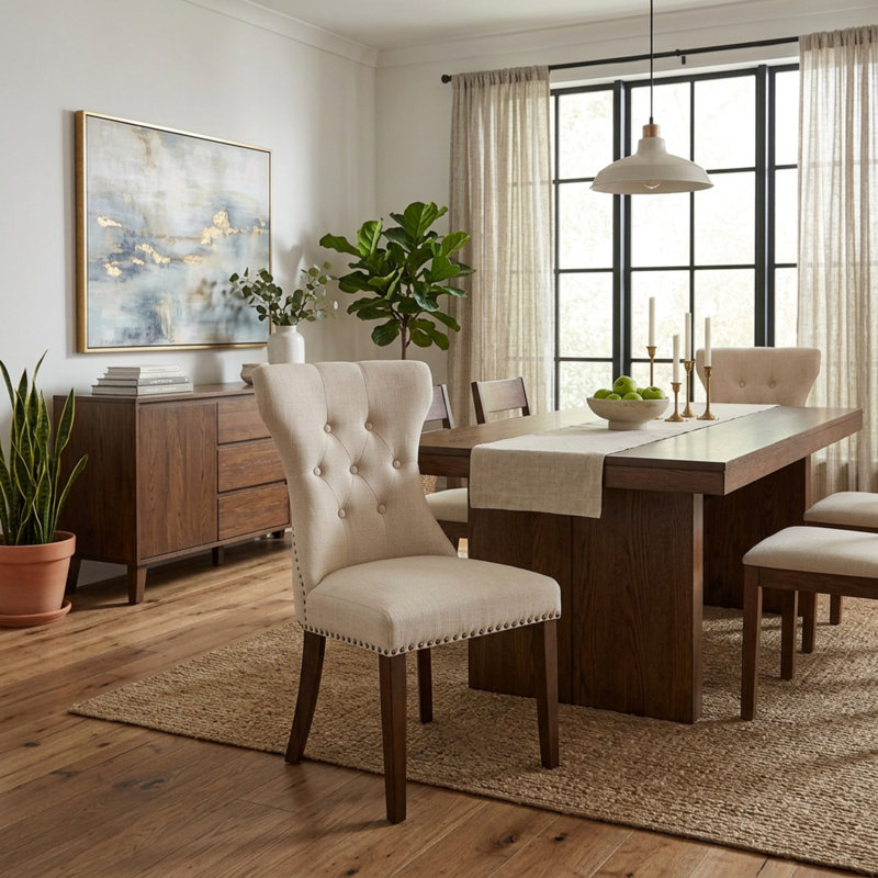 Ensemble de salle à manger rond 3 pièces en hévéa beige clair, tissu lin, avec table à pied centrale et chaises Parson capitonnées.