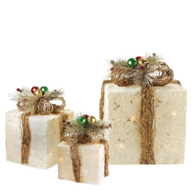 Ensemble de 3 boîtes-cadeaux de Noël crème avec des nœuds de ficelle décoratifs pour l'extérieur 10 po