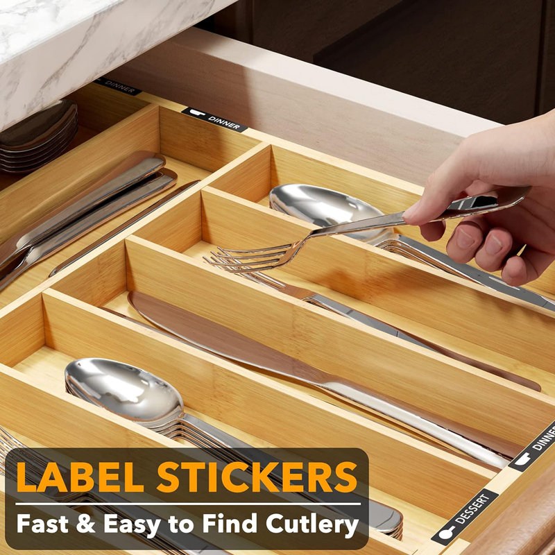 Natural Bamboo Adjustable Silverware Drawer Organizer with Labels