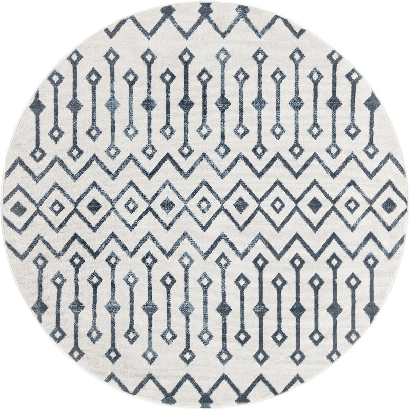 Tapis abstrait bleu marine / ivoire, Rond 5 pi 3 po