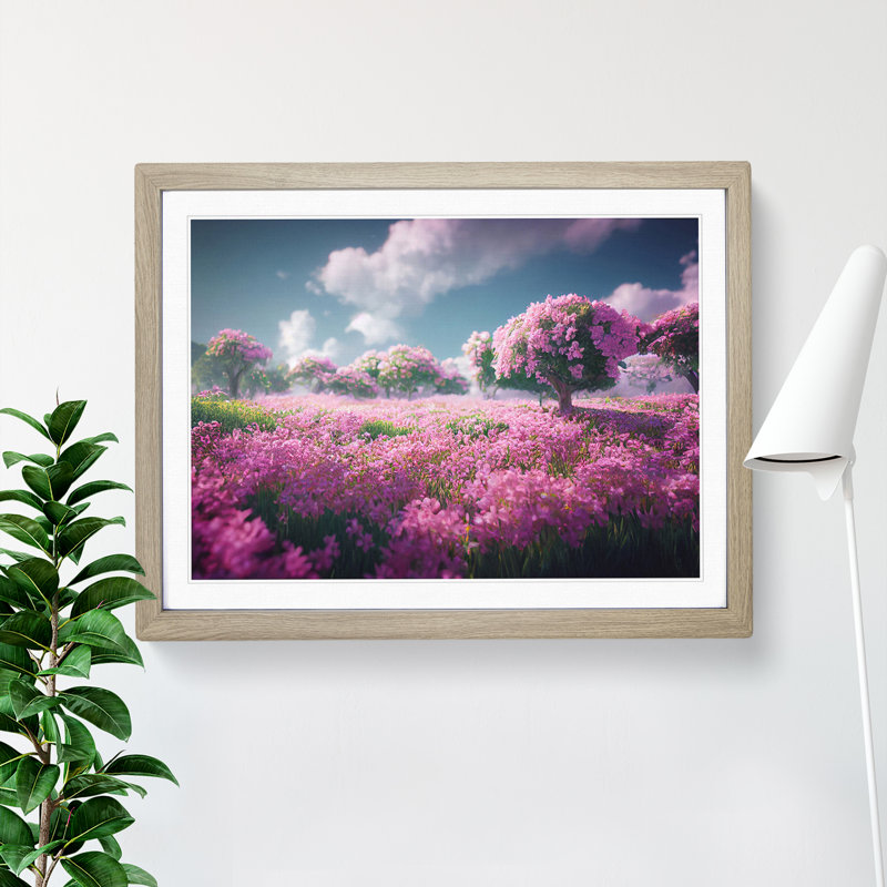 Cherry Blossom Flower Field - Single Picture Frame Print, 25cm H x 34cm W x 2cm D, Oak