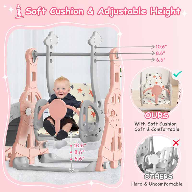 Pink and Gray 4-in-1 Toddler Slide and Swing Set