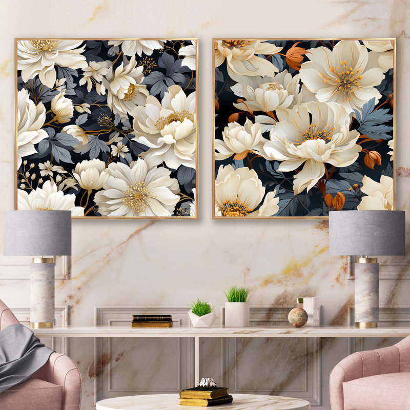 Lilie - Ensemble de 2 collages carrés floraux, Cadre flottant doré, H 30 po x l 61 po
