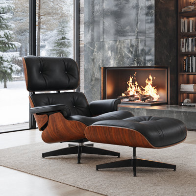 Mid Century Genuine Leather Chaise Lounge Chair with Ottoman and Solid Wood Frame for Living Room, Study Room, Guest Room 