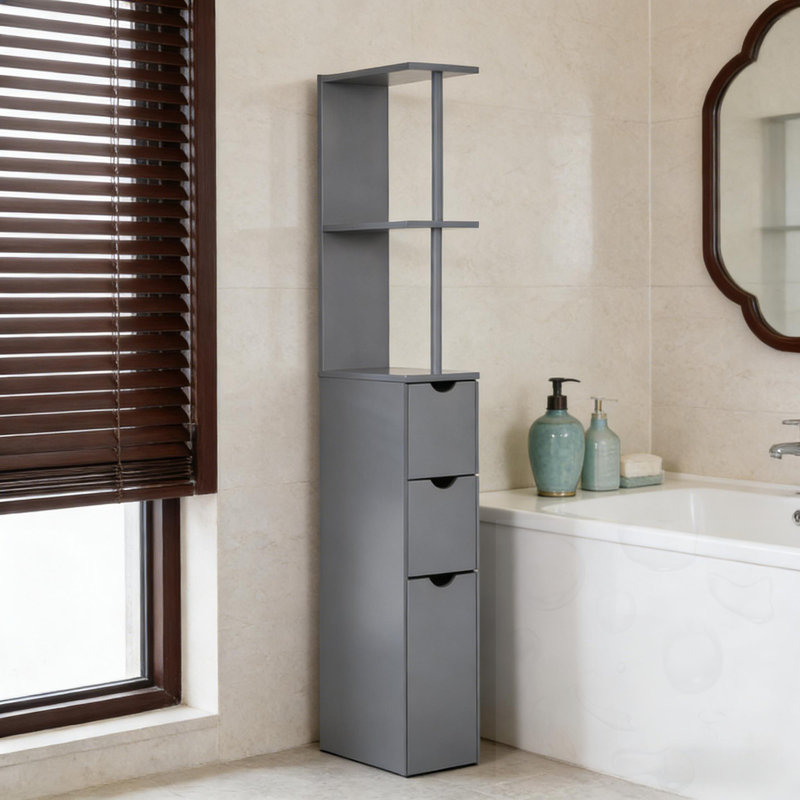 Narrow Side Bathroom Storage Cabinet With Open Shelf, Gray