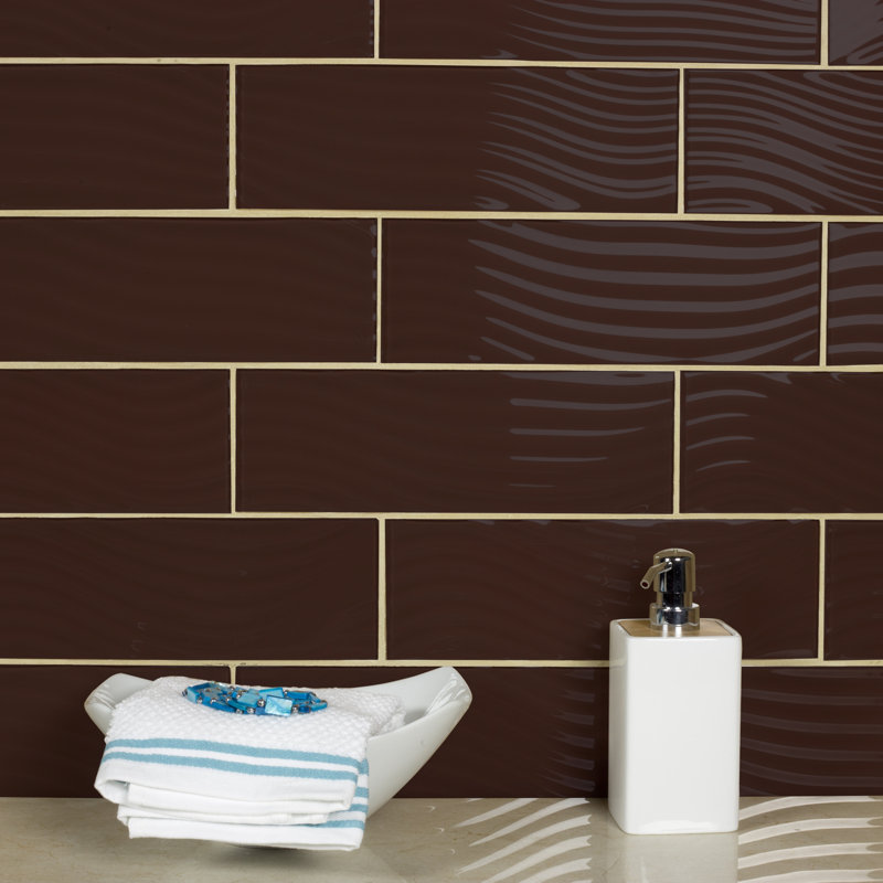 Pacific 4 in. x 12 in. Textured Glass Straight Edge Subway Decorative Kitchen & Bathroom Wall Tile, Cola