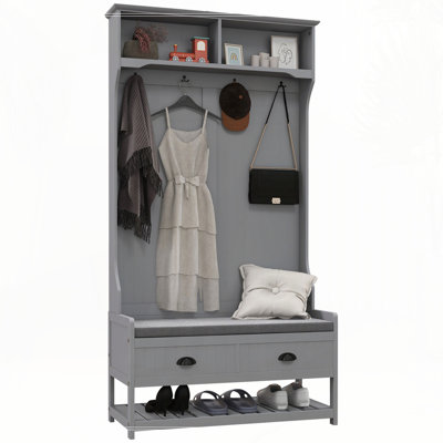 3-in-1 Hall Tree, Entryway Bench with Coat Rack, Mudroom Bench with Shoe Rack, 2 Storage Drawers, 4 Hooks and Padded Seat Cushions