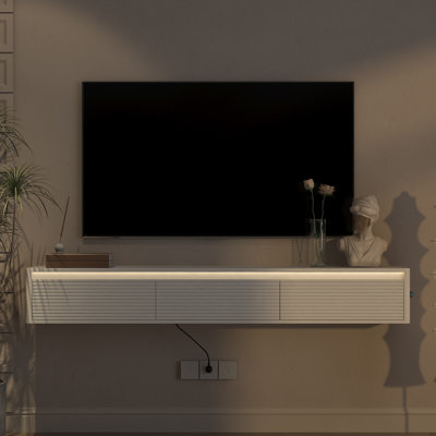 Floating TV Stand,Wall Mounted TV Shelf with Led Lights & Power Outlet,Fluted TV Cabinet for tv Stands for Living Room