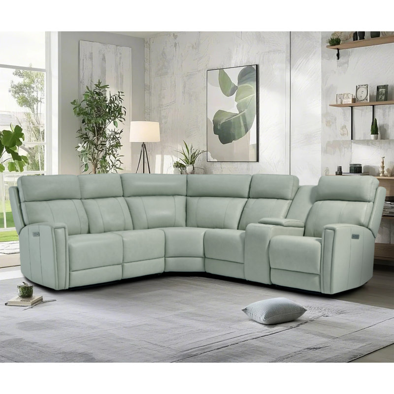 6-Piece, 3 Power recliners Leather Reclining Sectional, Power headrest  , Green Genuine Leather, Power - Push Button