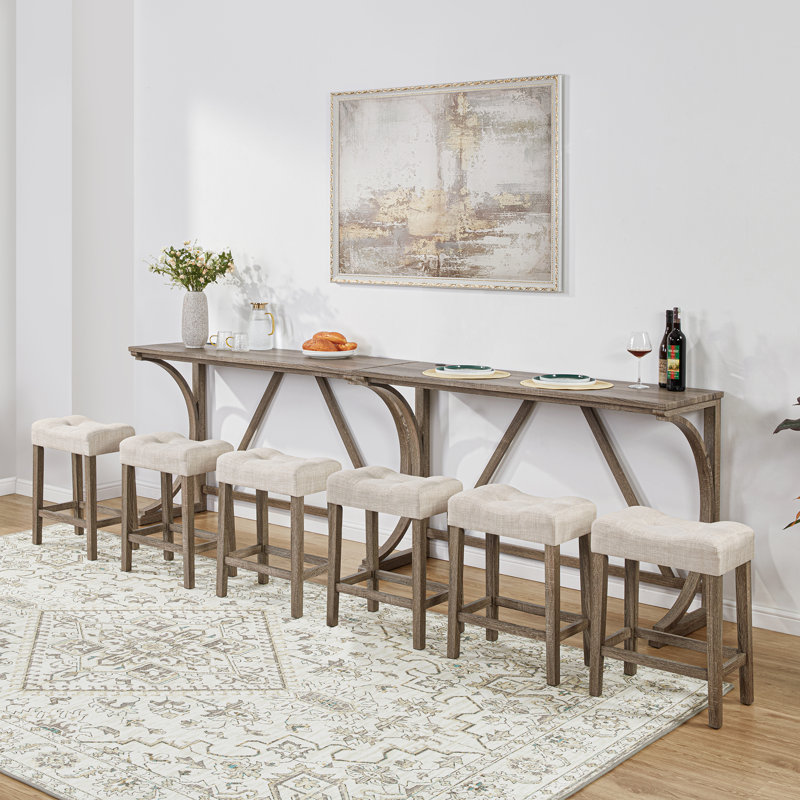 59" Wide 6-Piece Solid Wood Bar Table Set With USB Charging Port And Backless Stools, Brown/Cream