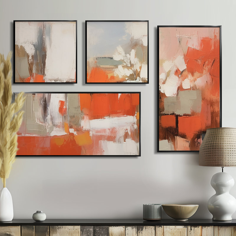 «Orange Minimalims Enchantment II» - Grand art mural abstrait en marbre 4 pièces, Impression encadrée sans passe-partout