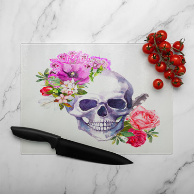 Human Skull With Flowers Glass Chopping Board