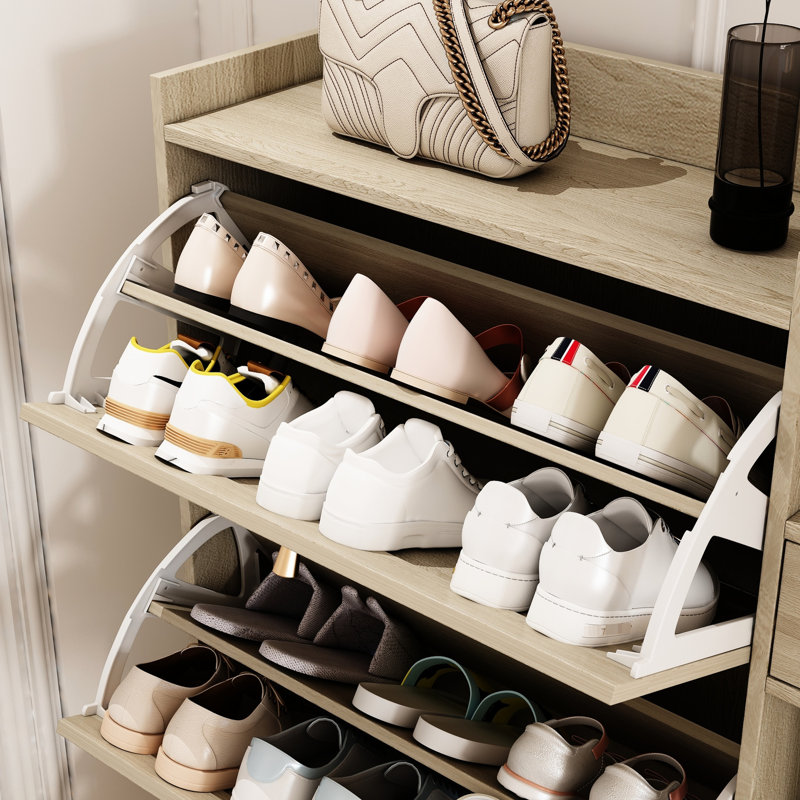 Range-chaussures avec 3 tiroirs rabattables et rangement, H 50,19 po x l 37,36 po x P 9,49 po, Bois naturel
