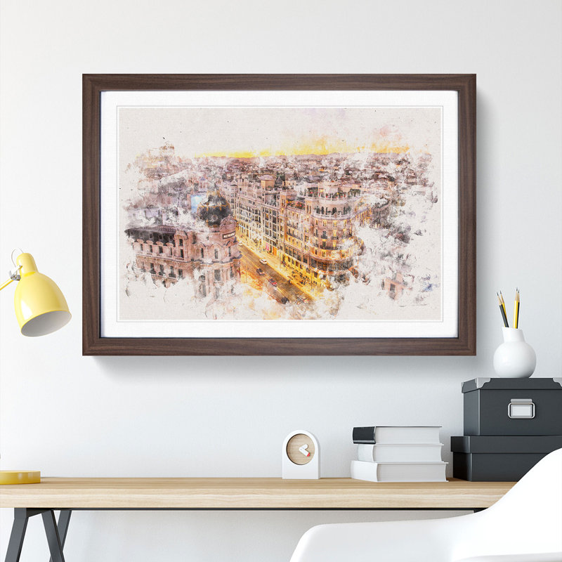 Calle Gran Via in Madrid Spain - Framed Print, 62cm H x 87cm W x 2cm D, Walnut Framed