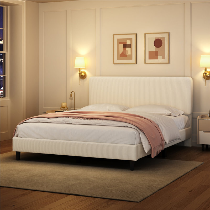 Modern Upholstered Bed Frame with Adjustable Chenille Headboard, King (5')
