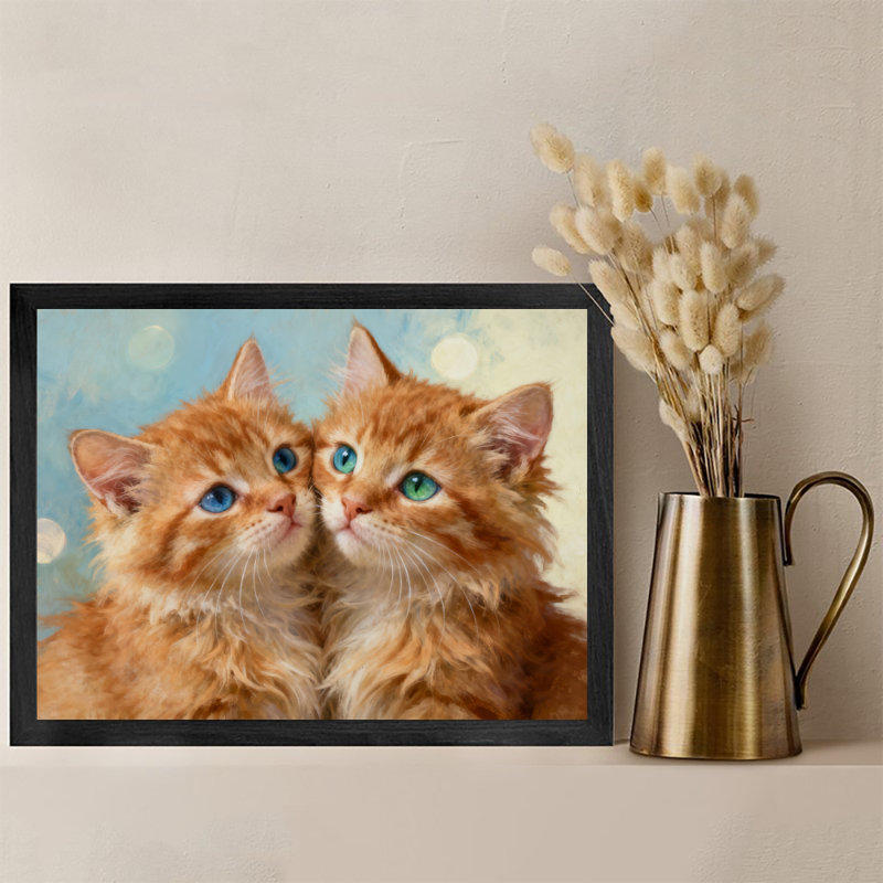 Reproduction d'art encadrée noire avec deux chats bleus aux yeux bleus, H 25 po x l 37 po