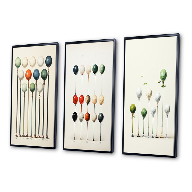 Minimalisme, jeu de tees de golf - ensemble d'art mural de golf 3 pièces, Cadre noir, H 40 po x l 60 po