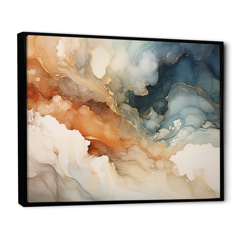Abstrait beige et geyser doré, peinture sur toile abstraite, Cadre flottant noir, 30" H x 40" W