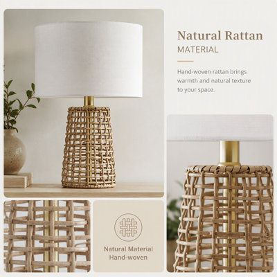 26.5" Boho Rattan Table Lamp Set of 2 for Living Room, 3-Way Dimmable Nightstand Lamp with Linen Shades, Wicker Bedside Lamp for Bedroom (Bulbs Not Included)