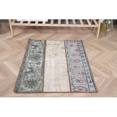 Hand Woven Anatolian Vintage Soft and Washable Green Patchwork Rug Ideal for Doors and Floors