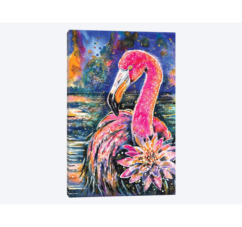 «Water Lily and Flamingo» non disponible sur toile, H 12 po x l 8 po x P 0,75 po, Toile tendue, Pas de tapis