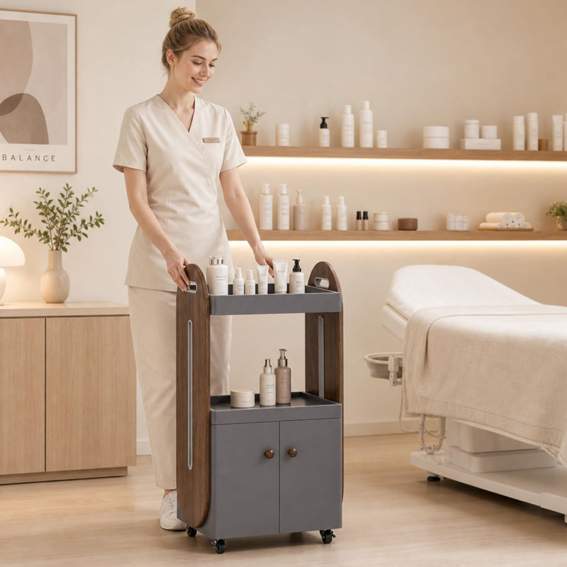 Chariot de salon de beauté, chariot d'esthéticienne, étagères de rangement ouvertes blanches, roulettes verrouillables, armoire de rangement, support de rangement, rampe imitation bois, organisateur d'outils de maquillage