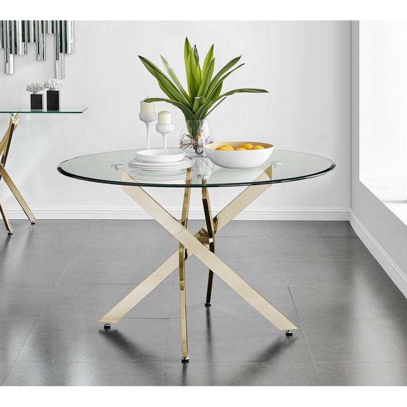 Tierra Luxury Metal and Glass Round Dining Table - Modern Statement Design, H75 x L120 x W120cm, Gold