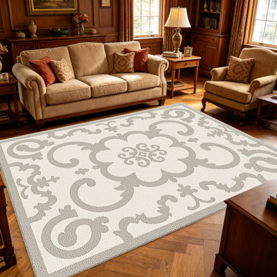 Tapis à volutes beiges à motif floral pour le salon, doux et confortable, convient à toutes les saisons, facile à entretenir, tapis de sol intérieur lavable à la machine, sous la table de ferme convenant à la chambre à coucher, à la salle à manger, au bureau, au balcon, au patio de décoration intérieure