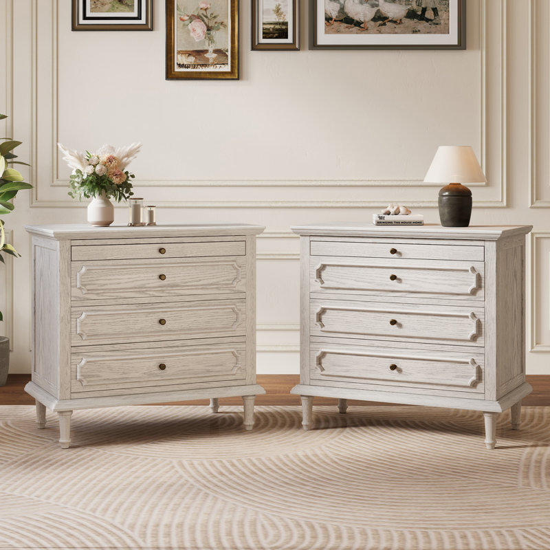 Traditional 28.3''w 3-drawer Solid Wood Nightstand With Built-in Outlets And Pull-out Shelf, Mid-century Rustic End Table With Charging Station, Modern Wooden Side Table For Bedroom, Living Room, Fully Assembled(Set of 2)