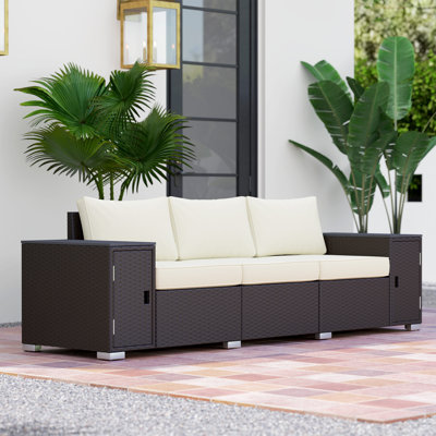 3 Seater Wicker Sofa with Storage and Thickened Cushions, Rattan Outdoor Patio Sofa with Wide Armrests and Seat, Wicker Outdoor Couch for Porch, Garden, Backyard