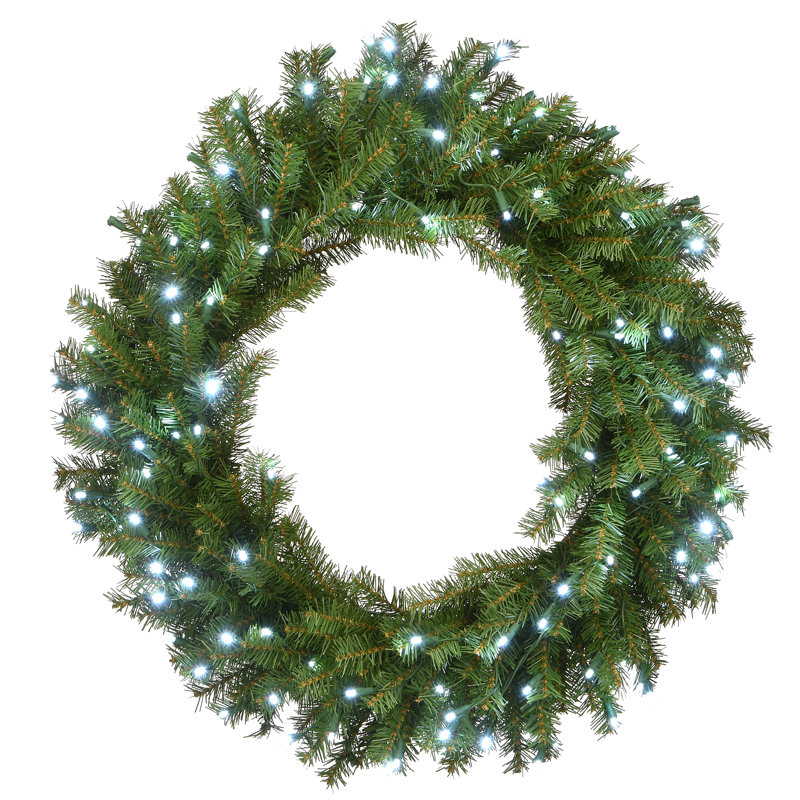 The Holiday Aisle® Memory-Shape Norwood Fir Wreath with White LED Lights, 4" H x 30" W x 30" D