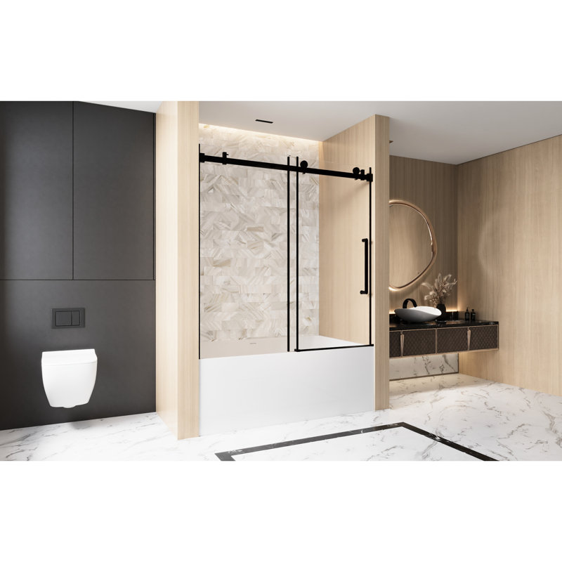Matt Black Single Sliding Shower Door 56 - 60 "W X 60" H, 1/4 " 6 Mm  Tempered Glass, Proof Film, Stainless Steel Handle, Square Tube Track, American Bathroom Style, Large Wheels For Smooth And