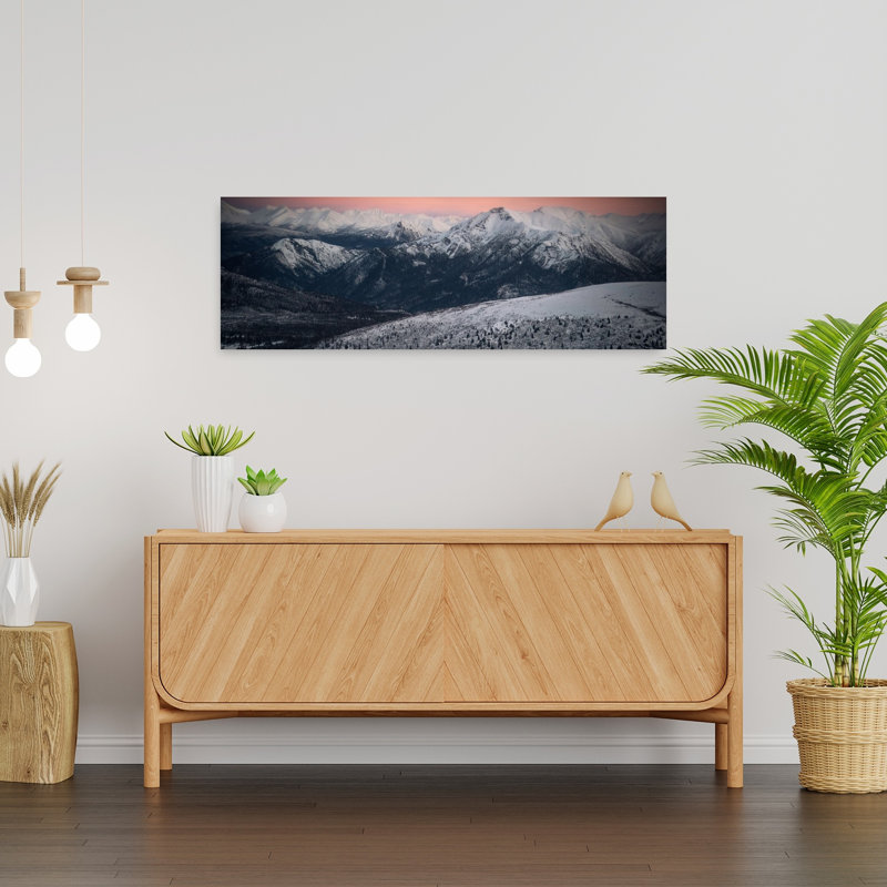 Snowy Peaks at Sunset Serene Abstract Contemporary Evergreen Tree Forest Landscape Art mural, H 36 po x l 12 po