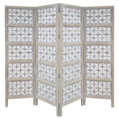 Casondra 4 Panel Folding Room Divider Screen, Antique White Mango Wood, Floral Carved Design by Rosalind Wheeler