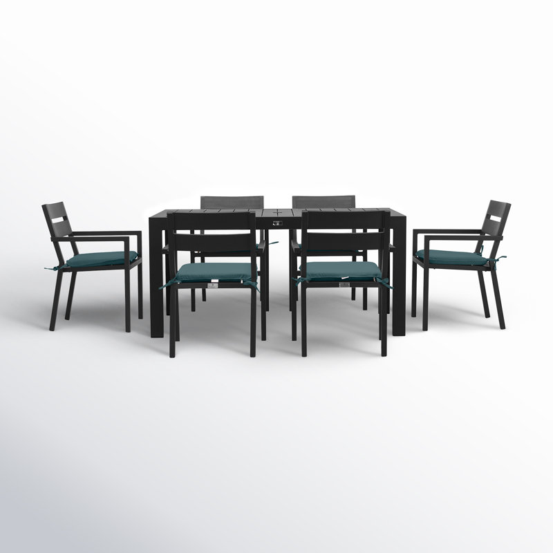 Eartha 6 - Person Patio Dining Set with Rectangular Table , Cushions Included, Cast Lagoon Sunbrella® Plainweave, Black