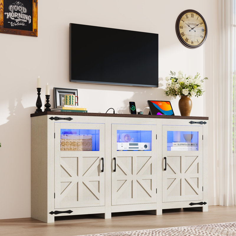 64.2" LED Farmhouse TV Stand For Tvs Up To 70" With Power Outlets And Adjustable Shelves, White/Brown