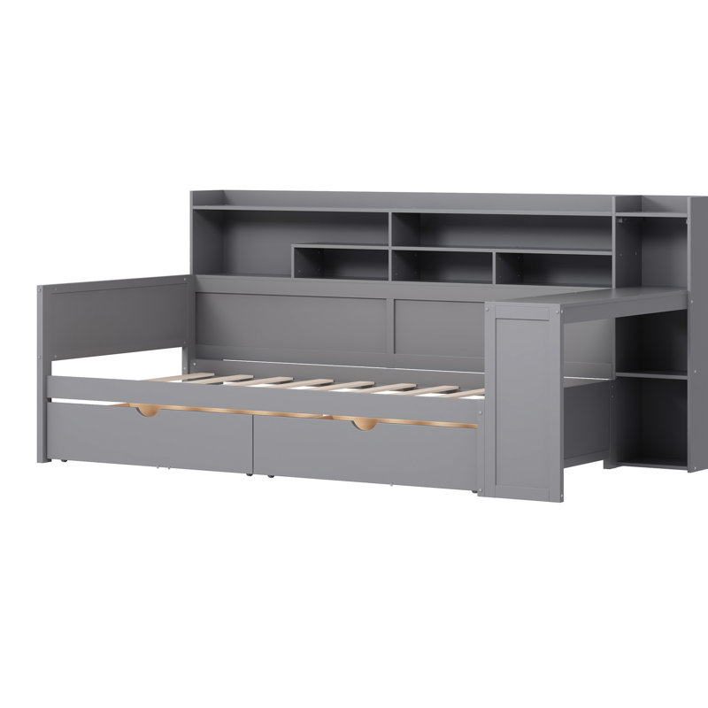 Twin Gray Wooden Daybed With Storage Shelf Design, Two Drawers And A Study Desk For Bedroom Space Utilization Upgrade Featuring Shelves, Built - In Efficient Organization