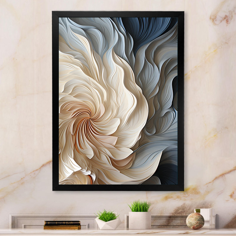 Plume blanche et bleue en spirale II - art abstrait géométrique sur toile, Cadre photo unique, H 40 po x l 30 po, Noir