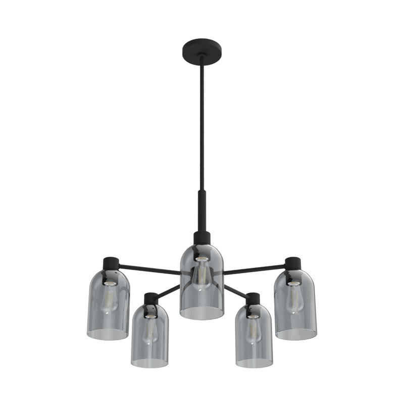 Lustre cylindrique unique à 5 lumières Lochemeade, Fer naturel, Verre fumé