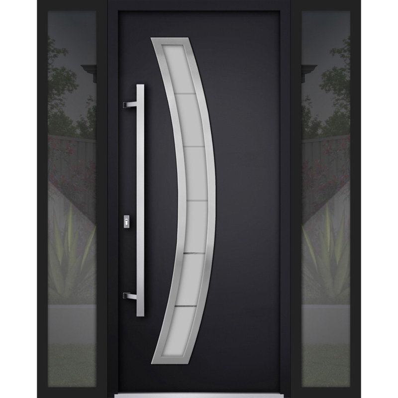 Porte d'entrée extérieure prémontée en acier Deux 6500 blanche, 2 fenêtres latérales extérieures, inserts en acier inoxydable, style moderne, peinte - L 12 + 36 + 12 x H 80 - Ouverture à droite vers l'intérieur