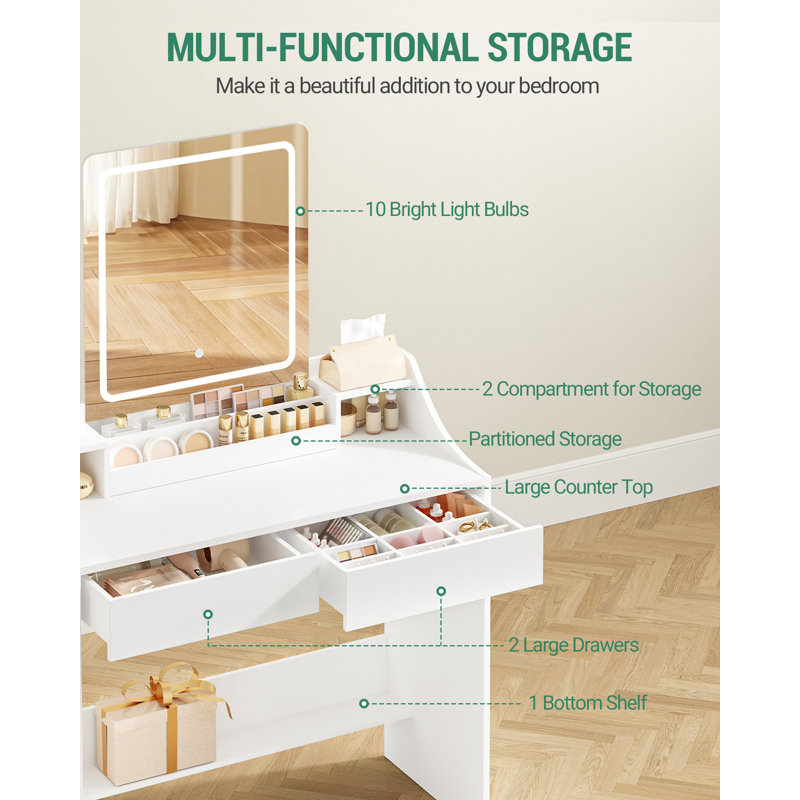 Dressing Table with LED Lights, Adjustable Brightness and Color, Vanity Table with Mirror, Vanity Desk with 2 Drawers and 2 Open Compartments, Modern, 90 cm Desktop, White 