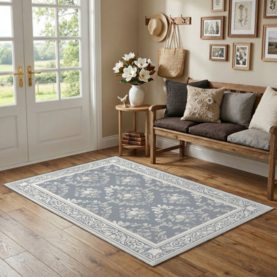 Tapis d'intérieur antidérapant 3 pi x 5 pi avec motif floral lavable à la machine, grège