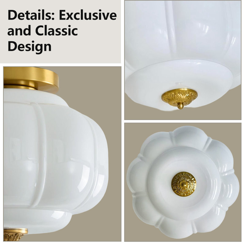 Glass Pumpkin Semi Flush Mount Ceiling Light, White