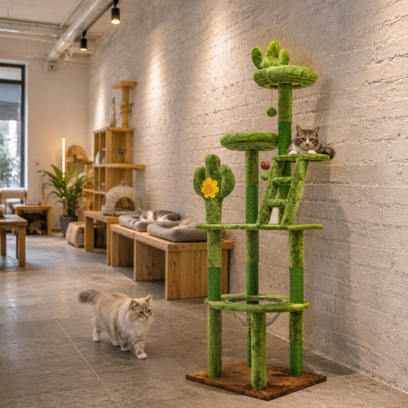 Tour pour arbre à chat 72 po Cactus - Centre d'activité pour chat à niveaux multiples avec capsule spatiale et poteaux en sisal, vert