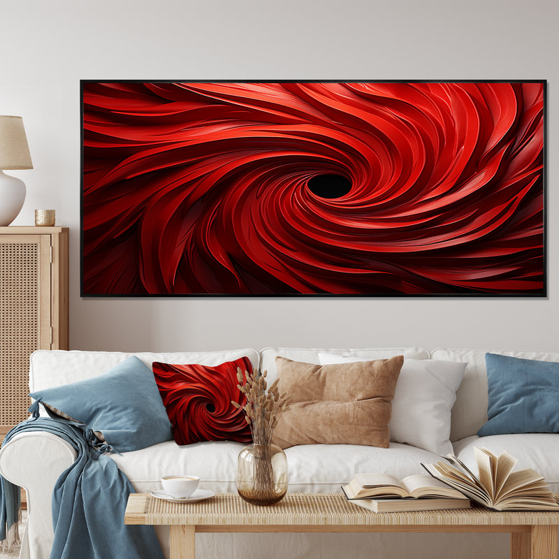 «Red Abstract Spiral Dreamscape III», art mural abstrait en spirale, Cadre flottant noir, H 28 po x l 60 po x P 1,5 po