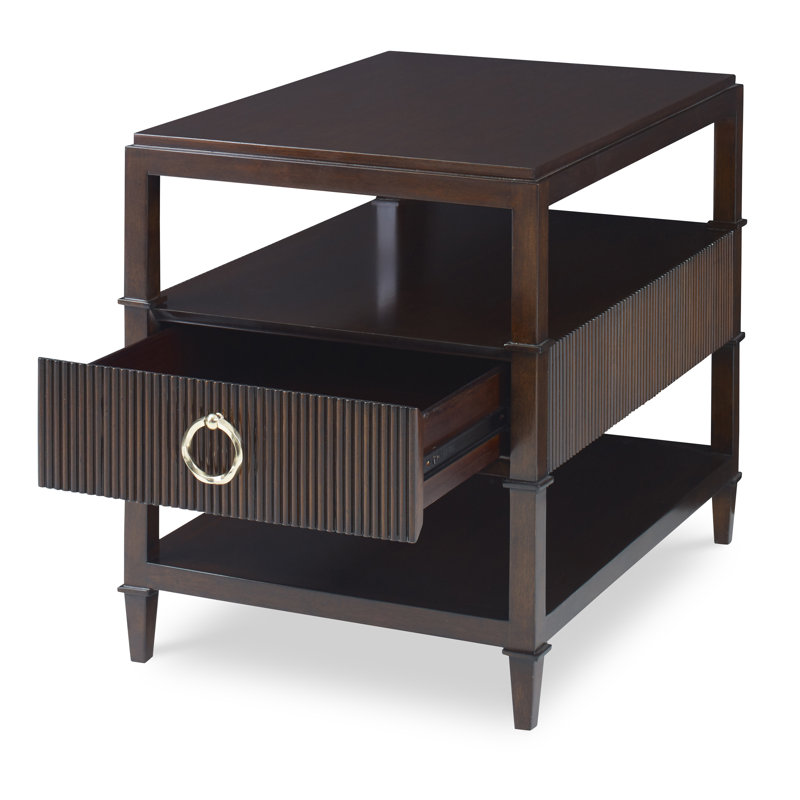 Walnut Brown Rectangular End Table with Storage and Brass Hardware