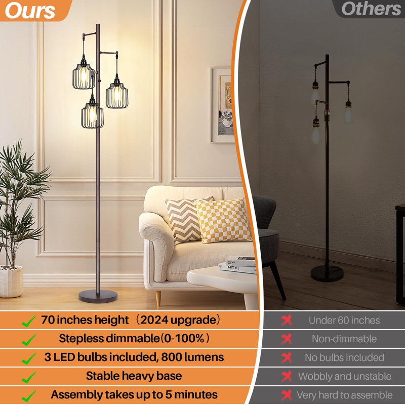Dimmable Industrial Floor Lamp With 3 LED Edsion Bulbs, Farmhouse Tall Standing Lamp For Living Room, Rustic Brown, Black