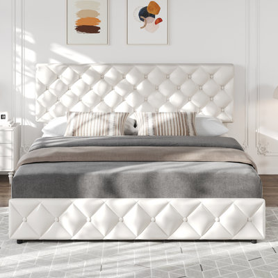  Queen  Size Bed Frame with 4 Storage Drawers and Headboard, Linen Upholstered Full Platform Bed Frame, Diamond Stitched Button Tufted, Easy Assemble, Noise-Free & No Box Spring Needed