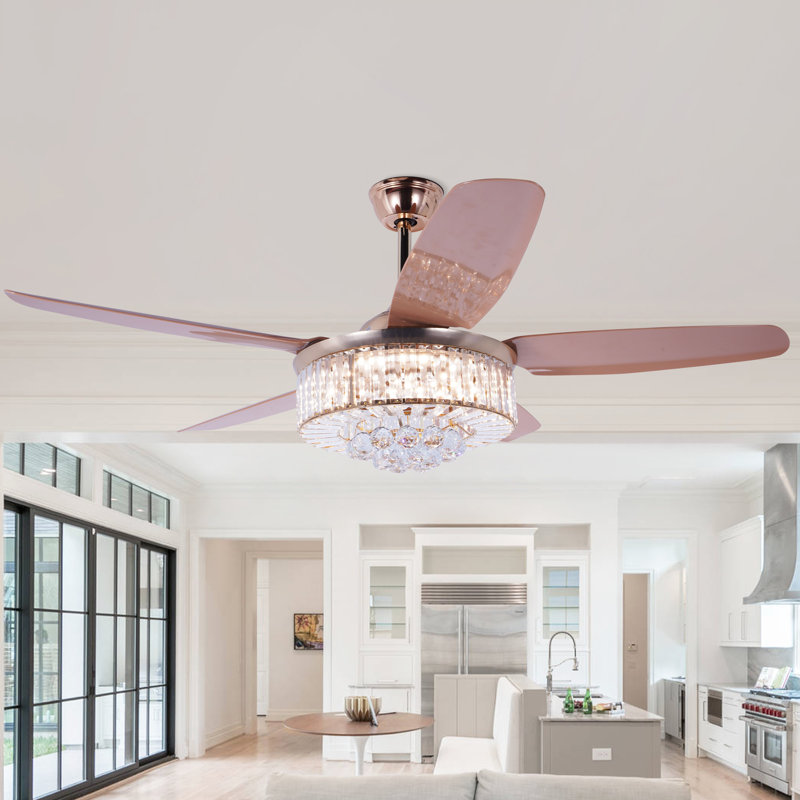 Ventilateur de plafond 52 po en cristal moderne avec lumière, réversible, télécommande, 6 vitesses, moteur à 3 couleurs DEL et silencieux