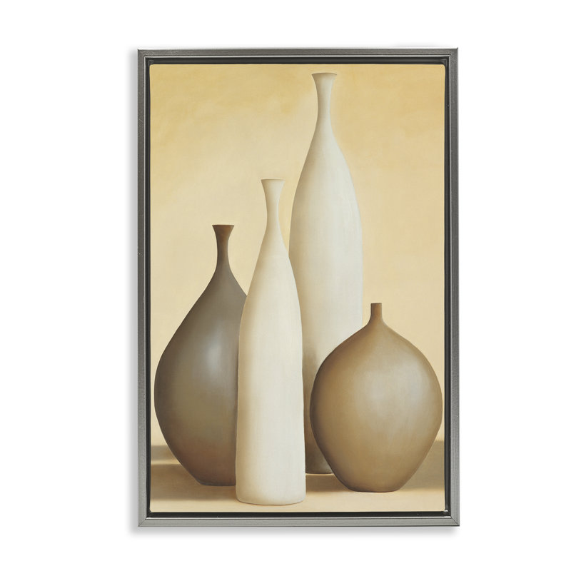 Toile flottante «Neutral Pottery Bottles» par Arlene Stevens, Cadre flottant gris lustré, H 31 po x l 21 po